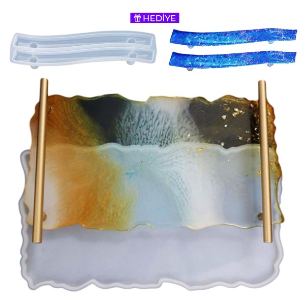 Epoksi Tepsi Kalıbı Dikdörtgen Tepsi Kalıbı Dalgalı Model Kalıbı Silikon Kulp Hediyeli 34.6x21x1.2cm