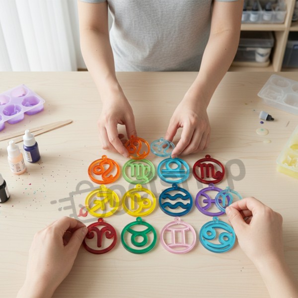 Epoksi Burç Kalıbı Yuvarlak Anahtarlık Burç Kalıbı Silikon 4.5x4.5cm