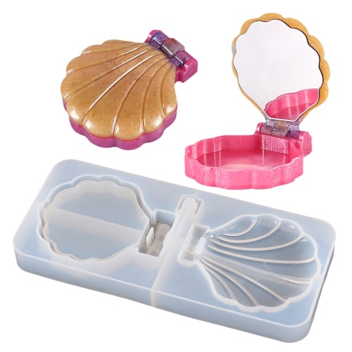 Epoksi Ayna Kalıbı Kapaklı Deniz Kabuğu Makyaj Aynası Kalıbı Silikon 16x7cm