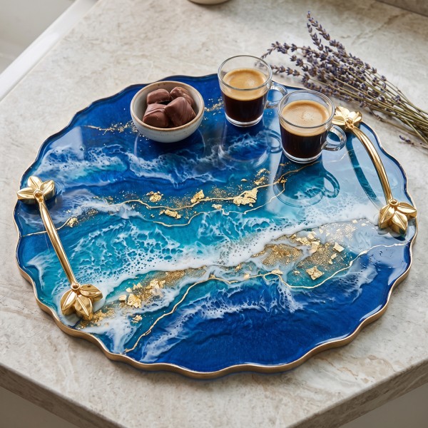 Epoksi Tepsi Yaprak Kulp Modern Kulp - Gold