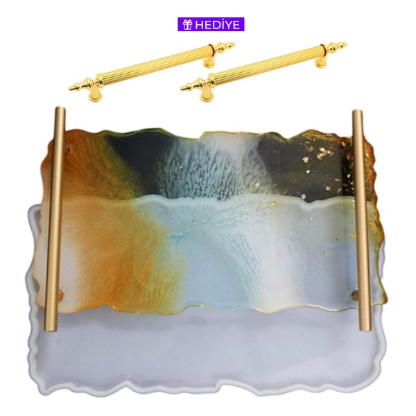 Epoksi Tepsi Kalıbı Dikdörtgen Tepsi Kalıbı Dalgalı Model Kalıbı Silikon Kulp Hediyeli 34.6x21x1.2cm