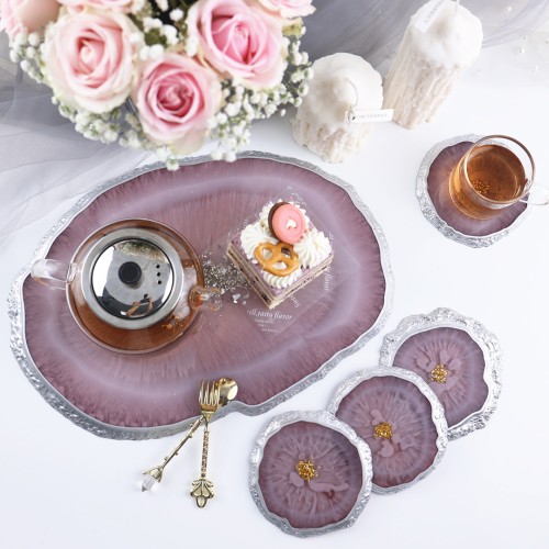 Epoksi Kristal Köşeli Tepsi ve Bardak Altlığı Seti Silikon Kalıbı - 5 Parça